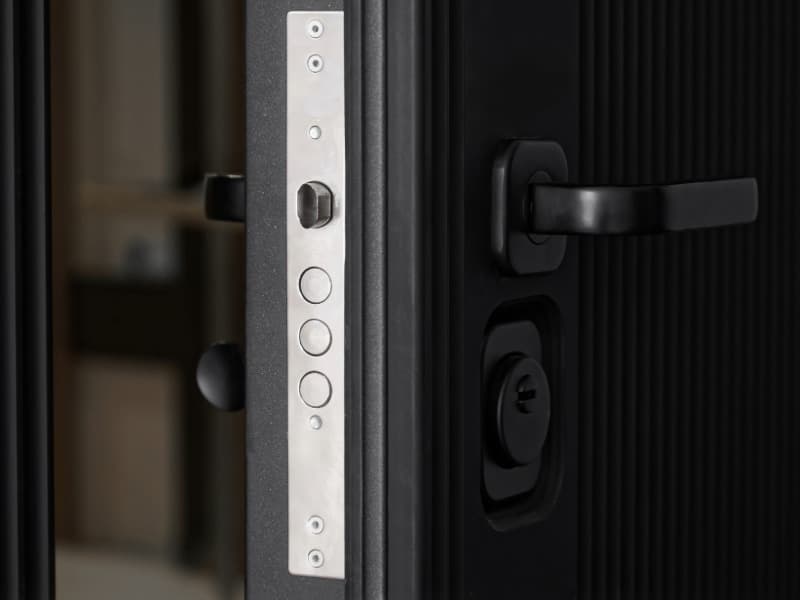 Steel door handle and locking mechanism close-up